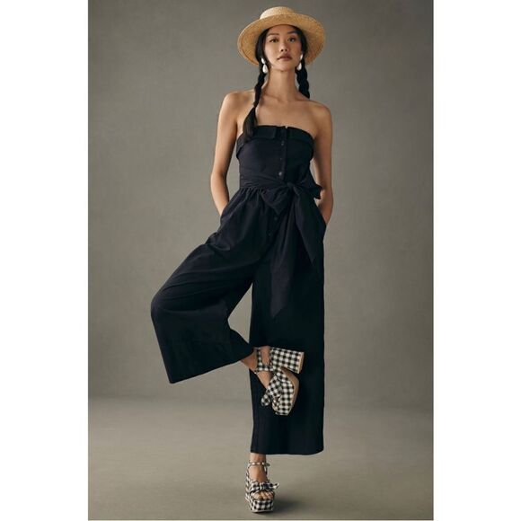 NEW Anthropologie Maeve Black Strapless Buttondown Wide-Leg Jumpsuit Size 0 - Picture 1 of 4